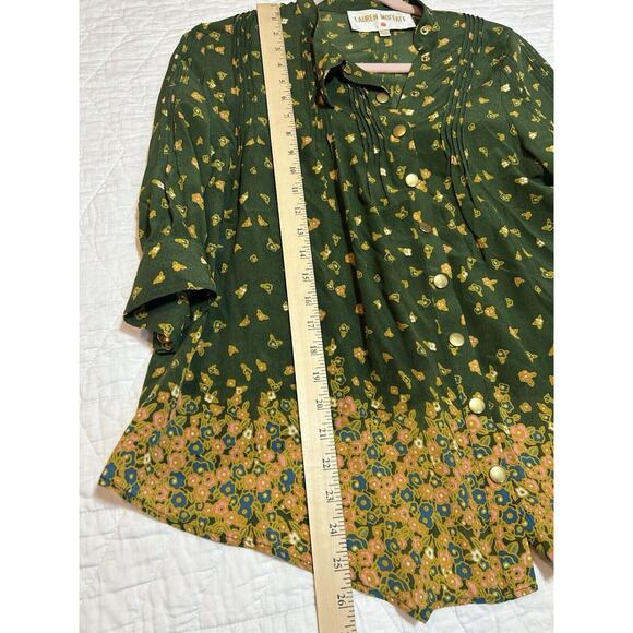 Lauren Moffatt Blouse Womens S green floral Silk Print Snap Prairie Cottagecore - Picture 7 of 11